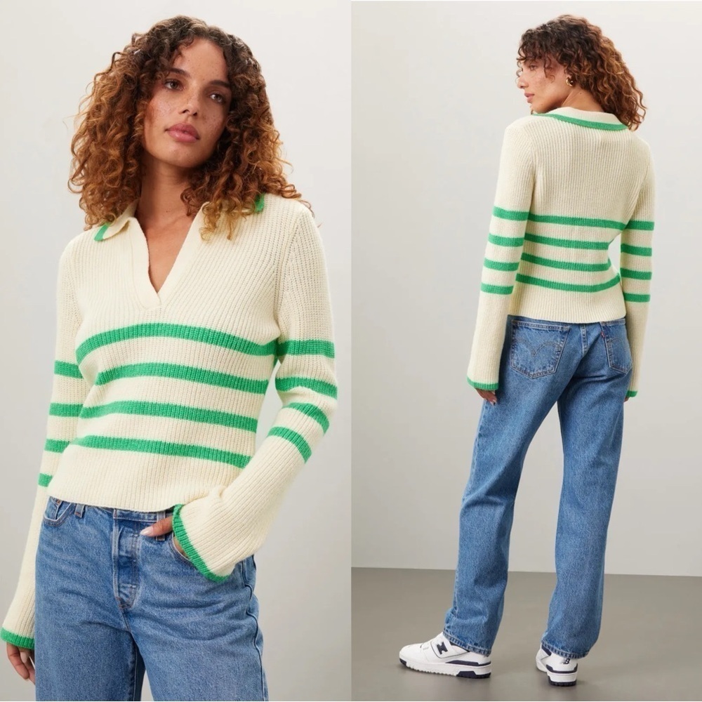 Central Park West NWT Green Striped Cream Clementine Preppy Sweater Size L